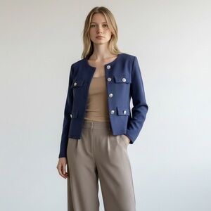 1191 • Scuba Stretch Navy Collarless Silver Button Lady Jacket Blazer Top